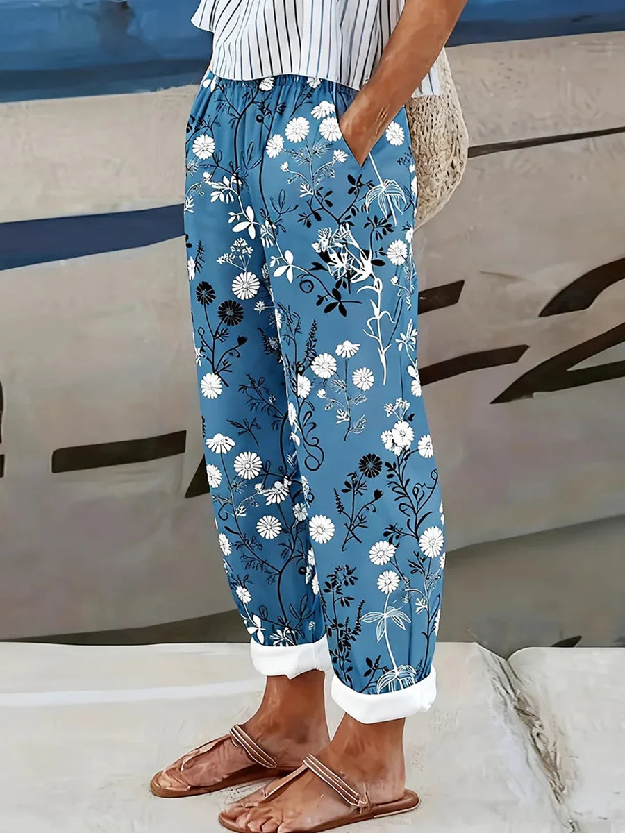 Blue Floral Print Jogger Pants