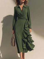 Olive Green Long Sleeve Ruffle Hem Midi Dress