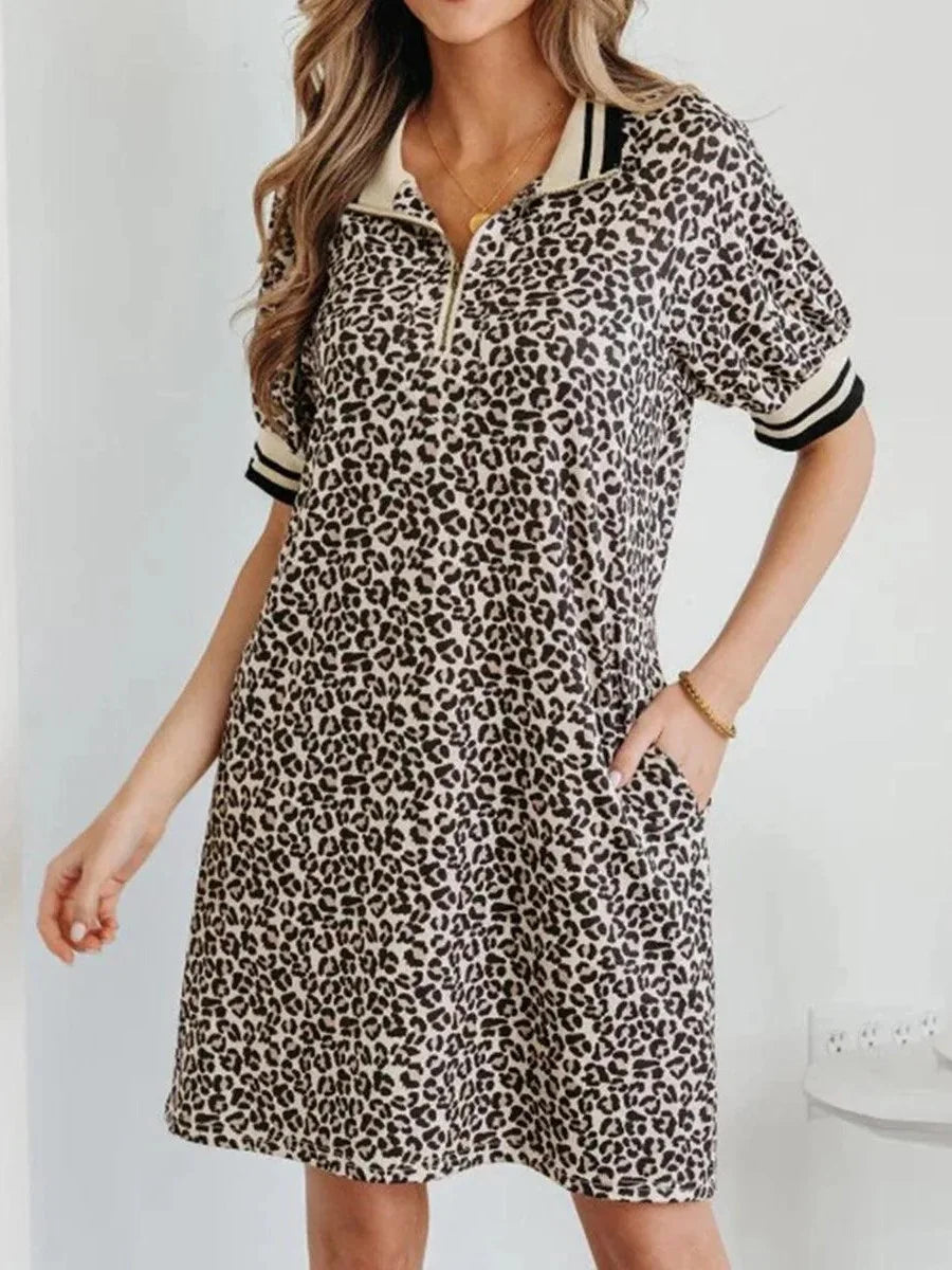 Leopard Print Quarter-Zip Short Sleeve Sporty Dress