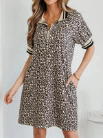 Leopard Print Quarter-Zip Short Sleeve Sporty Dress
