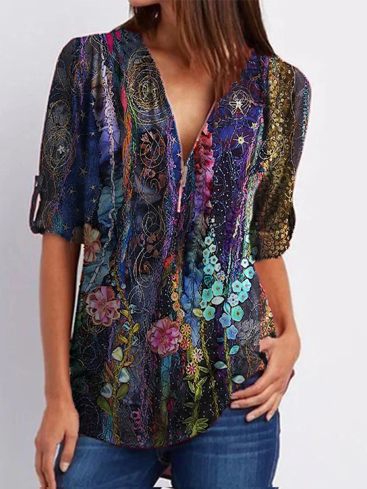 Multi Casual Graphic Tops V Neck Floral Printed Half Sleeve Blouse