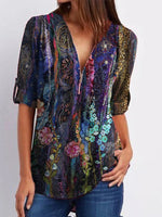 Multi Casual Graphic Tops V Neck Floral Printed Half Sleeve Blouse