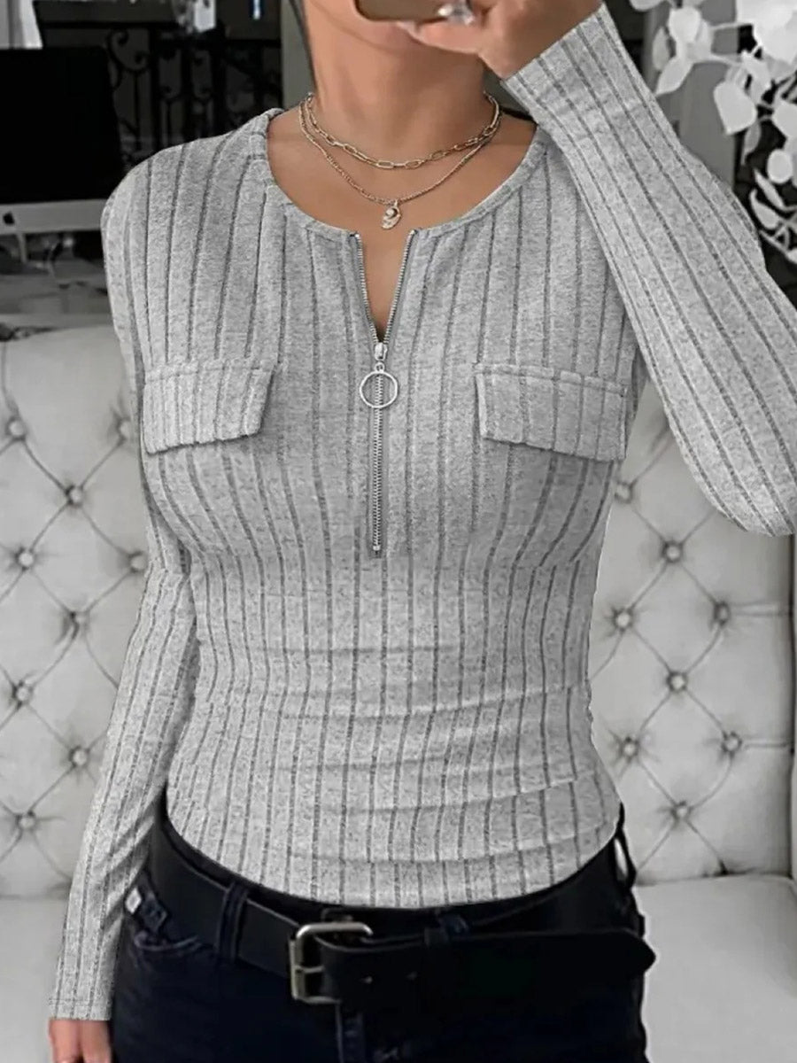 Grey Plain Round Neck Long Sleeve Top