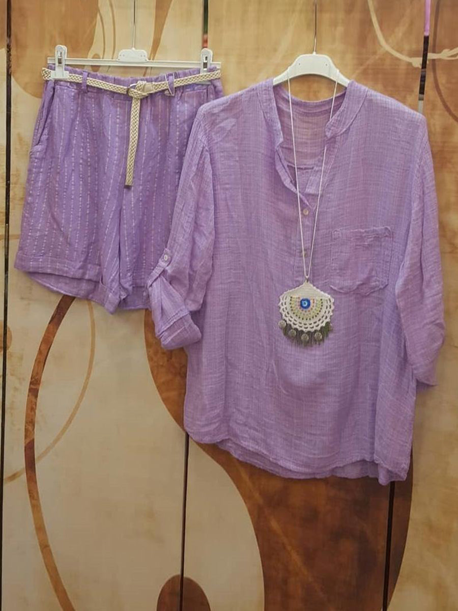 Purple Casual V Neck Solid Long Sleeve Two Piece Sets