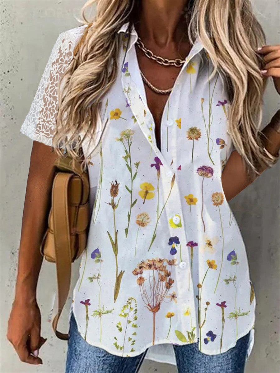 Women?ˉs Wildflower Print Button Front Shirt with Lace Short Sleeves