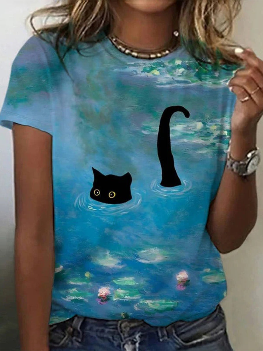 Creative Cat Print Round Neck Short Sleeve T-Shirt