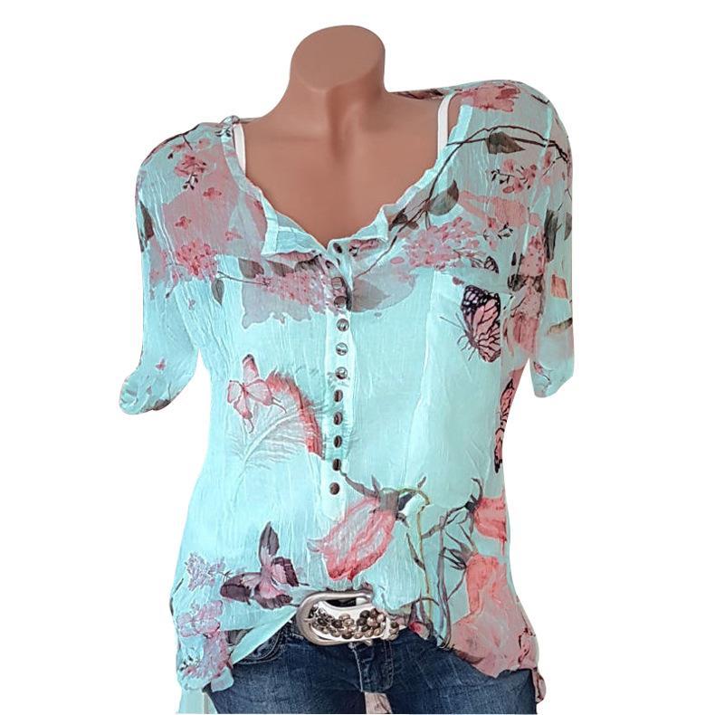 Floral Printed V-neck Short Sleeve Blouse