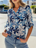 Indigo Floral V-neck 3/4 Sleeve Henley Blouse