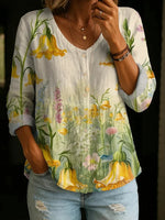 Floral Art Pattern Casual V-neck Long Sleeve Shirt