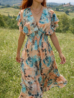 Tie-Dye Print V-Neck Short Sleeve Midi Dress