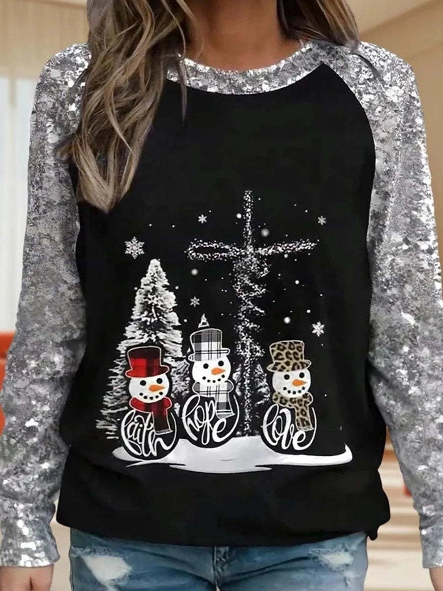 Black Christmas Round Neck Long Sleeve Top