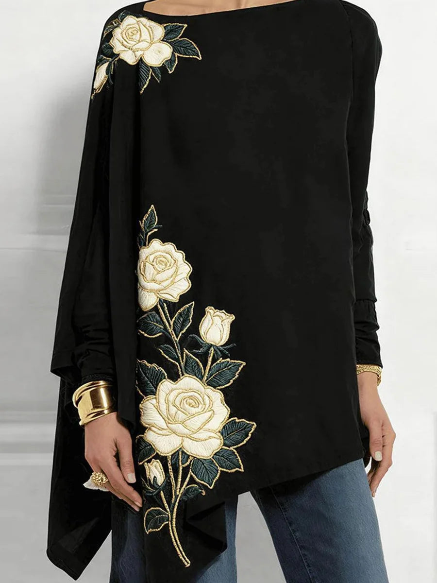 Black Boat Neck Embroidered Rose Long Sleeve Top
