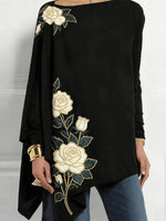 Black Boat Neck Embroidered Rose Long Sleeve Top