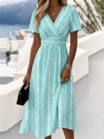 Women Striped Summer Dress V Neck Short Sleeve Fit Flare Dress H-Line Dress