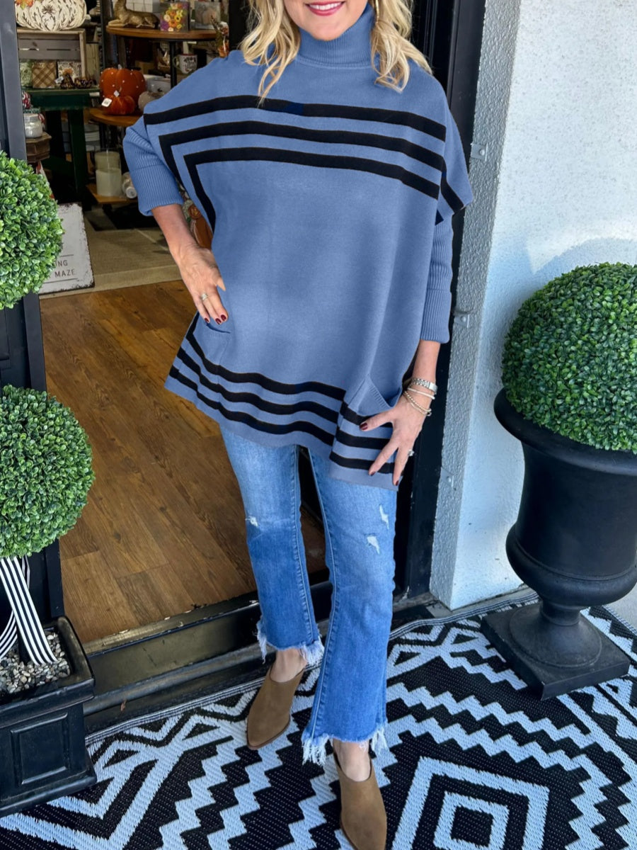 Turtleneck bat sleeve striped sweater