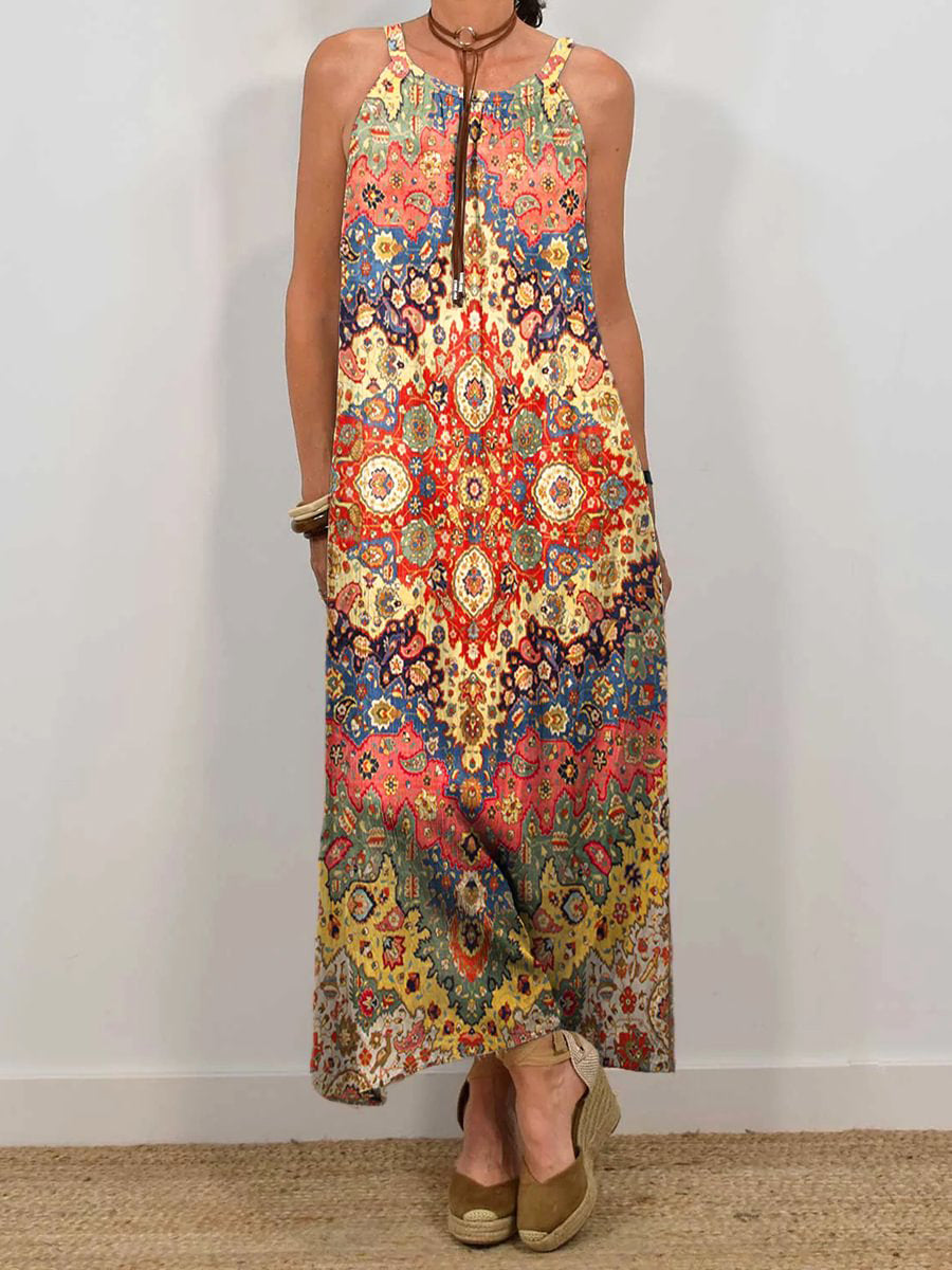 Women's Colorful Ethnic Collage Art Print Sleeveless Pocket Dress