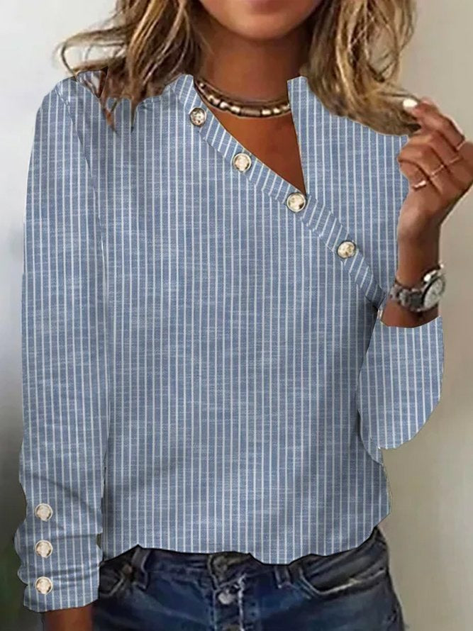 Women's Long Sleeve Striped Asymmetric Button Blouse
