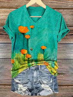 Vintage Floral Print V-neck Short Sleeve T-Shirt
