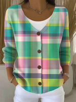 Lattice Print Buttoned V-Neck Long Sleeve Cardigan