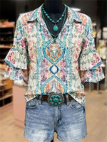 Vintage Floral Print 3/4 Sleeve Blouse