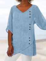 Women's Blue V-Neck 3/4 Sleeve Button-Trim Asymmetrical Hem Blouse