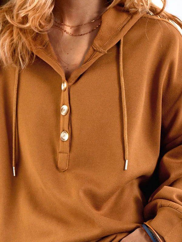 Khaki Casual Tops Long Sleeve Solid Hoodie
