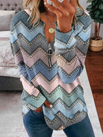 Blue Casual V Neck Geometric Long Sleeve Sweatshirts