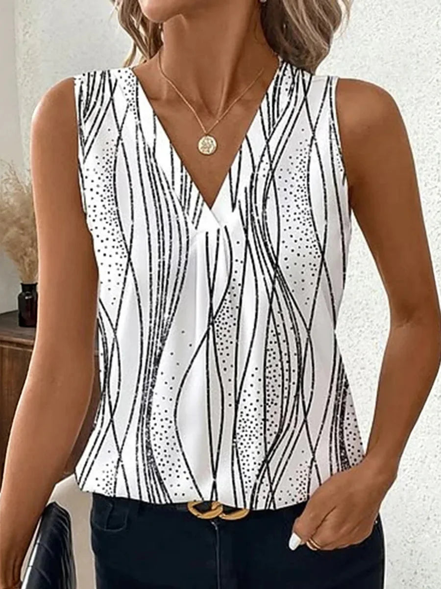 White Abstract Print Sleeveless V-Neck Blouse