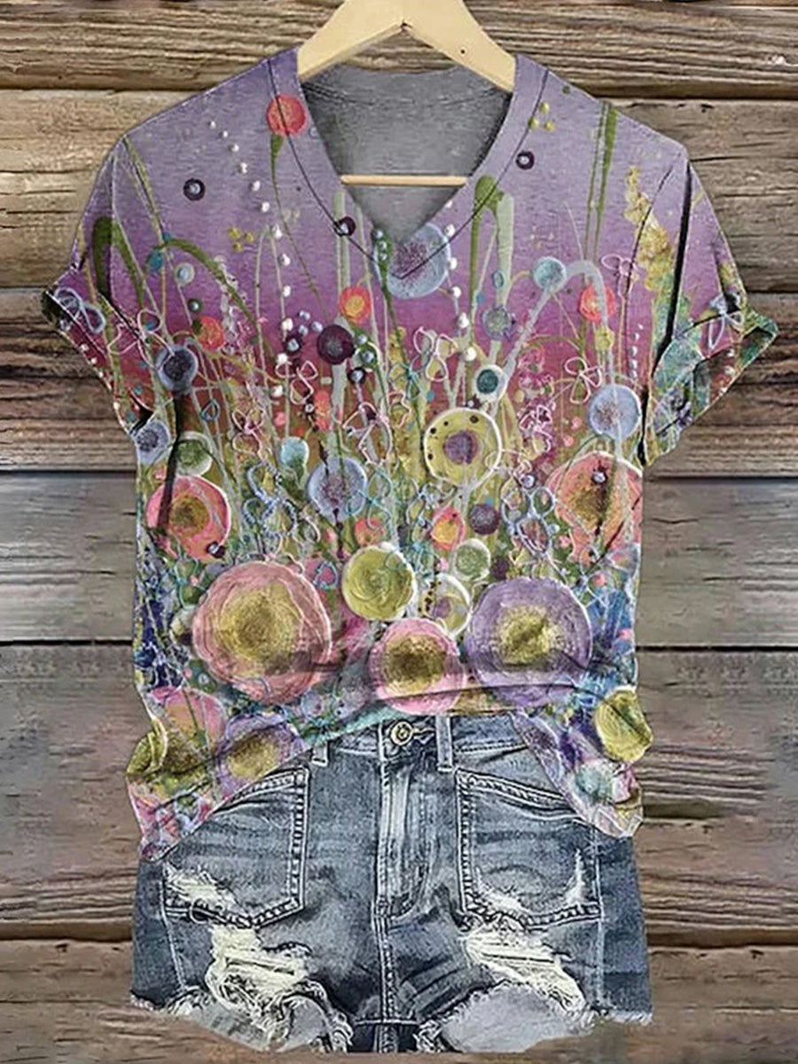 Colourful Floral Print V-neck Short Sleeve T-Shirt
