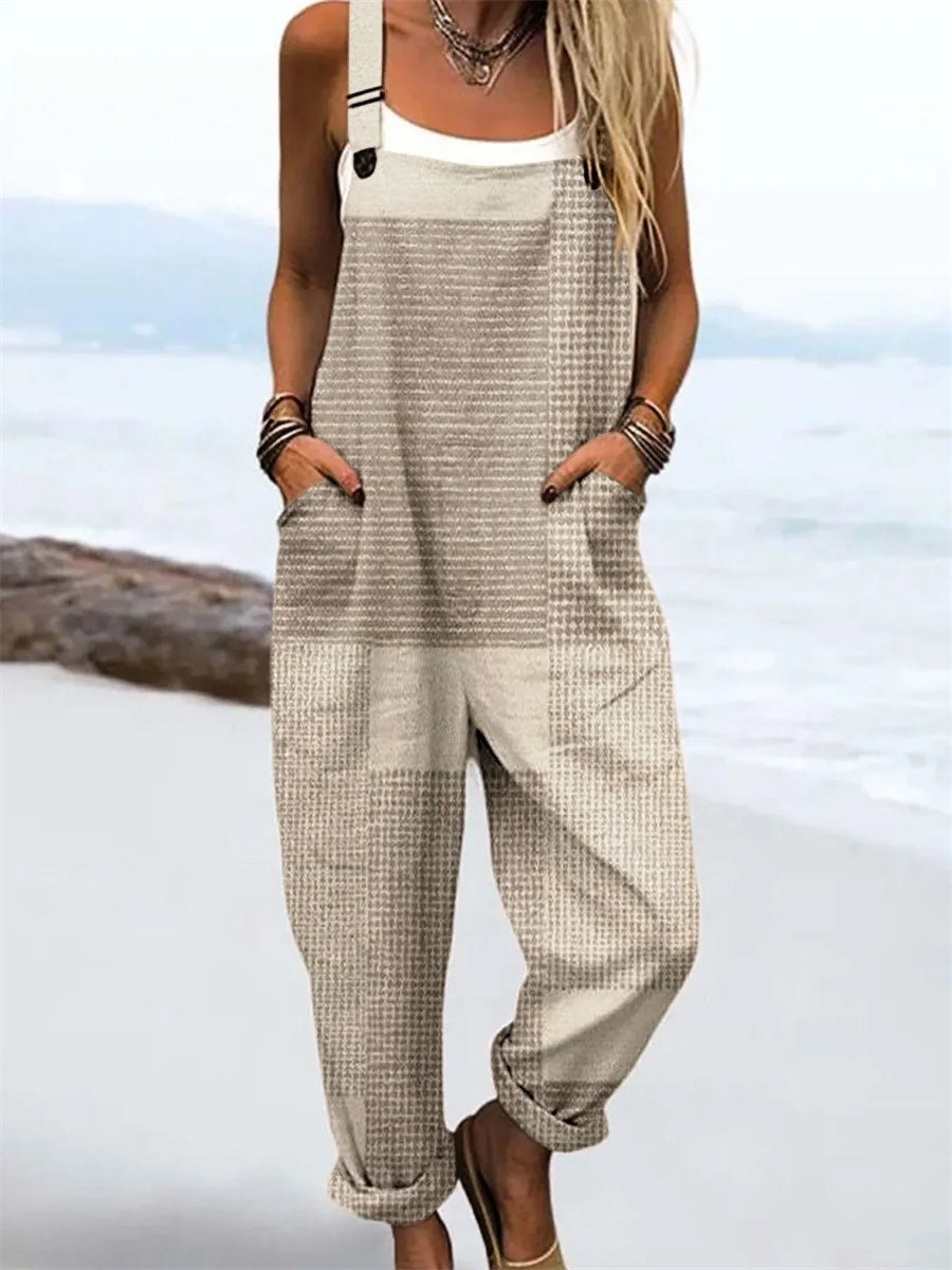 Women's Vintage Abstract Geometric Line Art Print Casual Wide Leg Jumpsuit