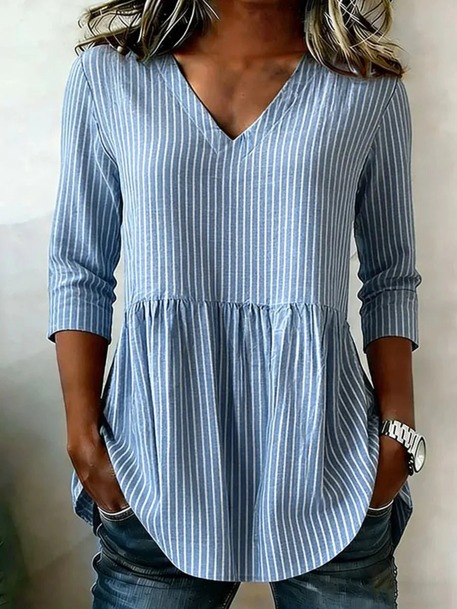 Comfy Blue Striped V-Neck 3/4 Sleeve Top