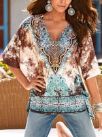 Multicolor Casual V Neck Tie-dye Half Sleeve Blouse