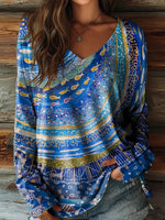 Fresh Blue V-neck Long Sleeve Top