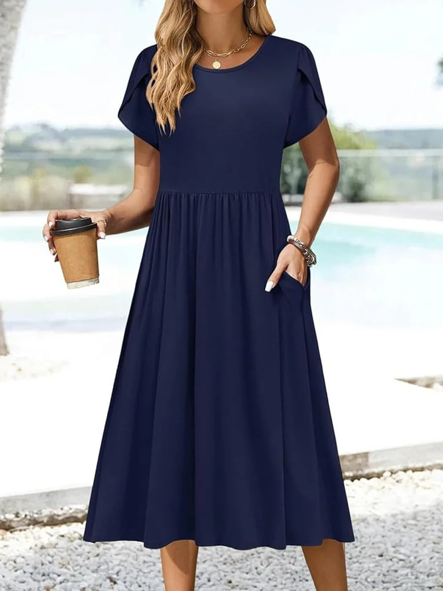 Plain Crew Neck Short Sleeve A-Line Dress