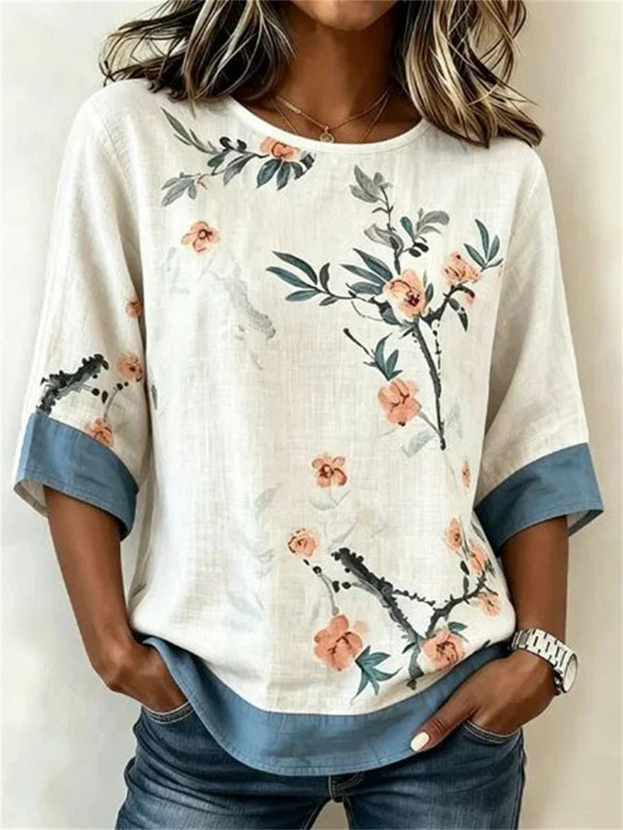Vintage Floral Print Round Neck 3/4 Sleeve Blouse