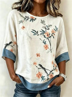 Vintage Floral Print Round Neck 3/4 Sleeve Blouse