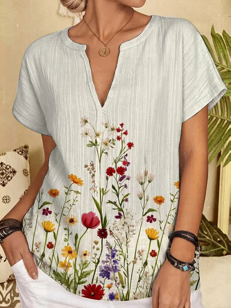 White Watercolor Wildflower Print V-neck Short Sleeve Blouse