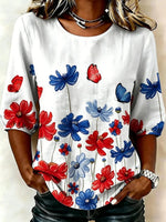 Floral Butterfly Print Round-Neck Half Sleeve Casual Blouse