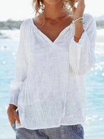 White Casual V Neck Solid Long Sleeve Blouse