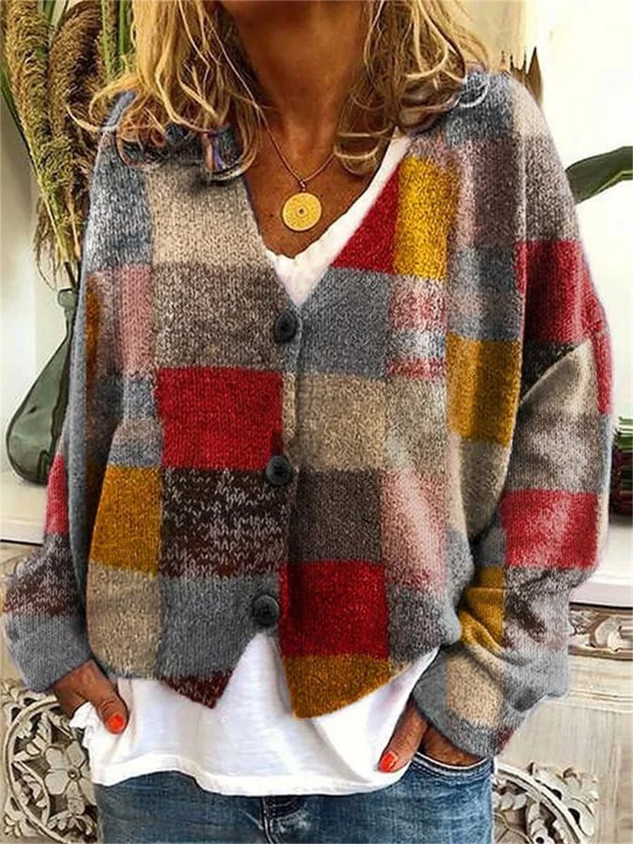 Red Color Block Long Sleeve Buttoned Cardigan