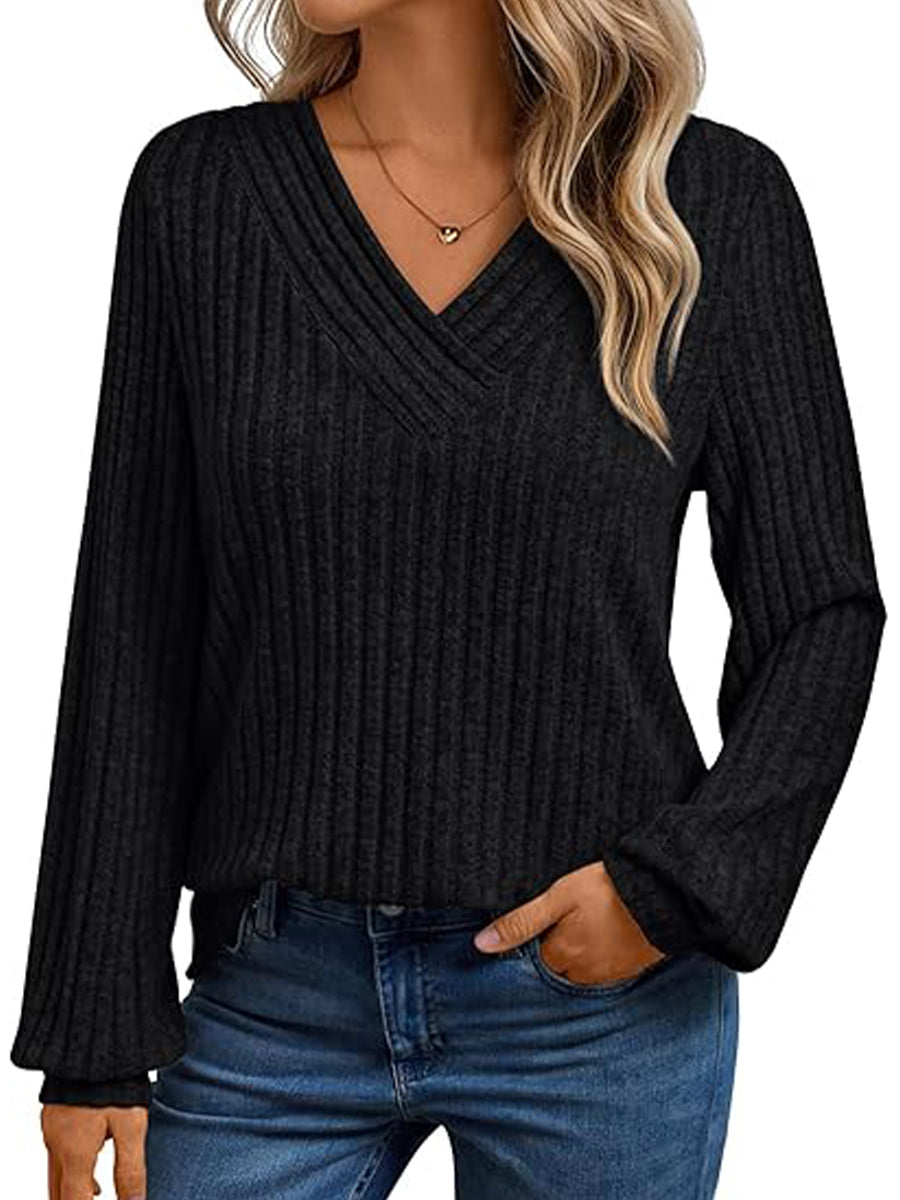 Plain V-neck Long Sleeve Sweater