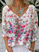 Vintage Floral Art Print V Neck Long Sleeve T-shirt