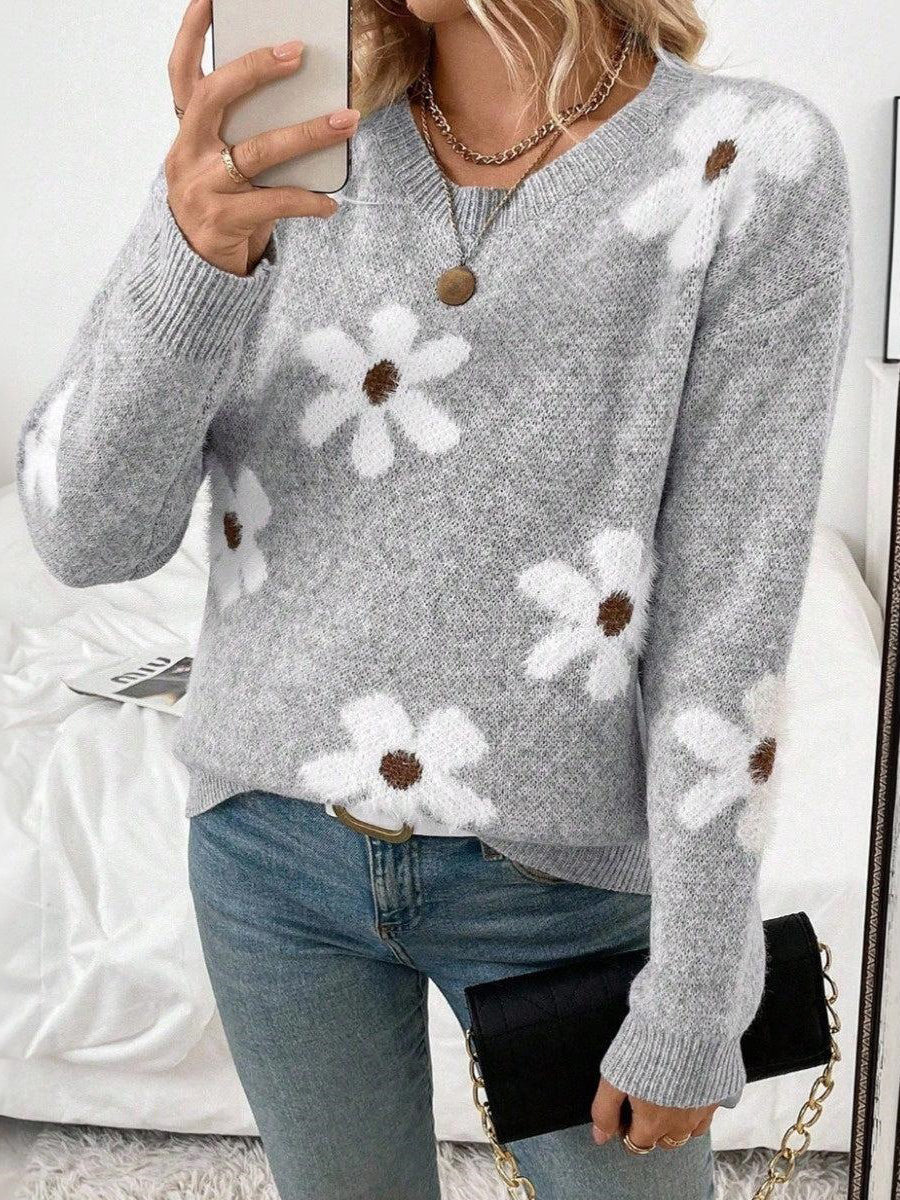 Grey Round Neck Long Sleeve Sweater