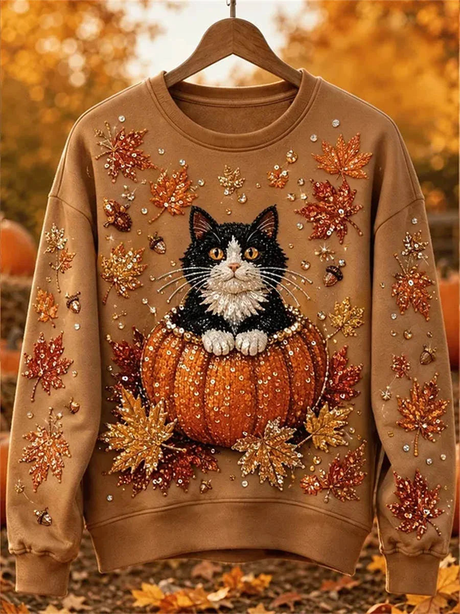 Casual Cat Crew Neck Long Sleeve Sweatshirt