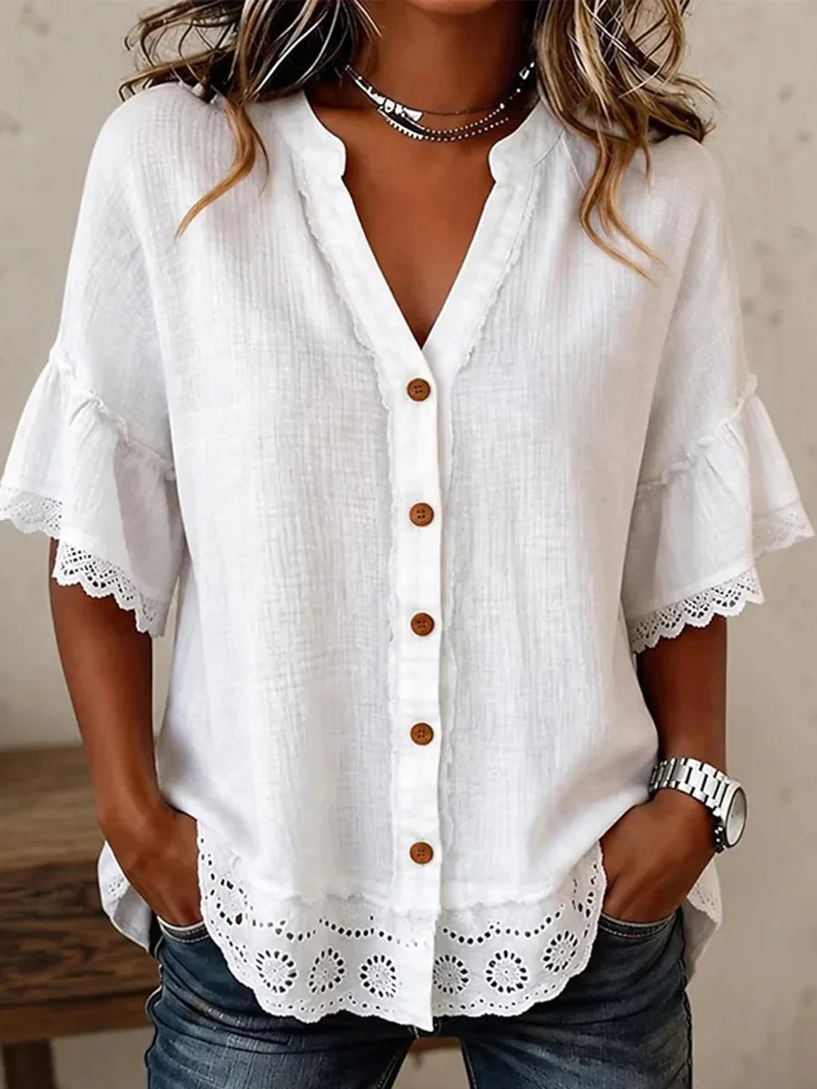 White Eyelet Lace Notch Neck Ruffle Short Sleeve Blouse