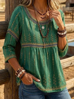 Vintage Casual Round Neck 3/4 Sleeve Blouse