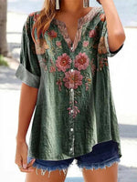 Vintage Floral Print V-neck Short Sleeve Blouse