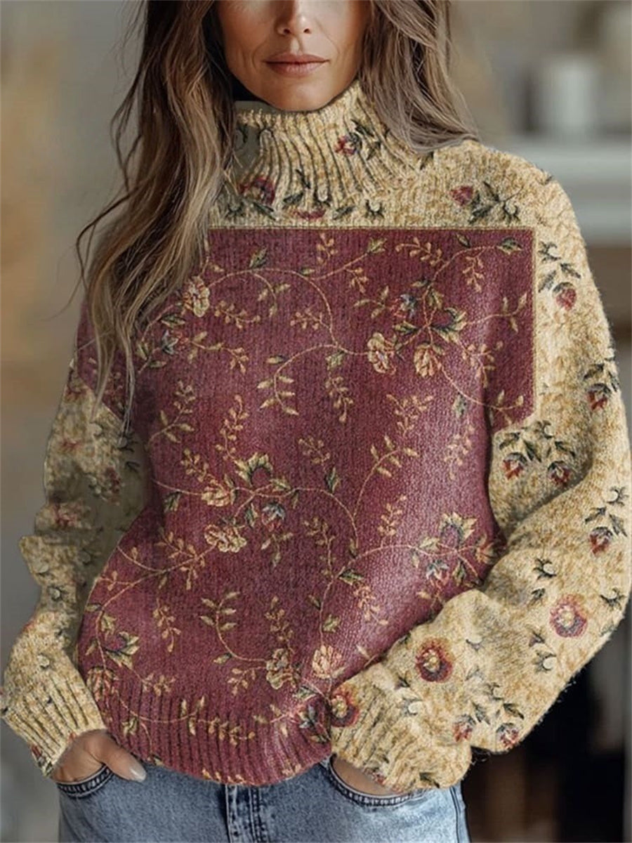 Stylish Floral Print Long Sleeve Round Neck Casual Sweater
