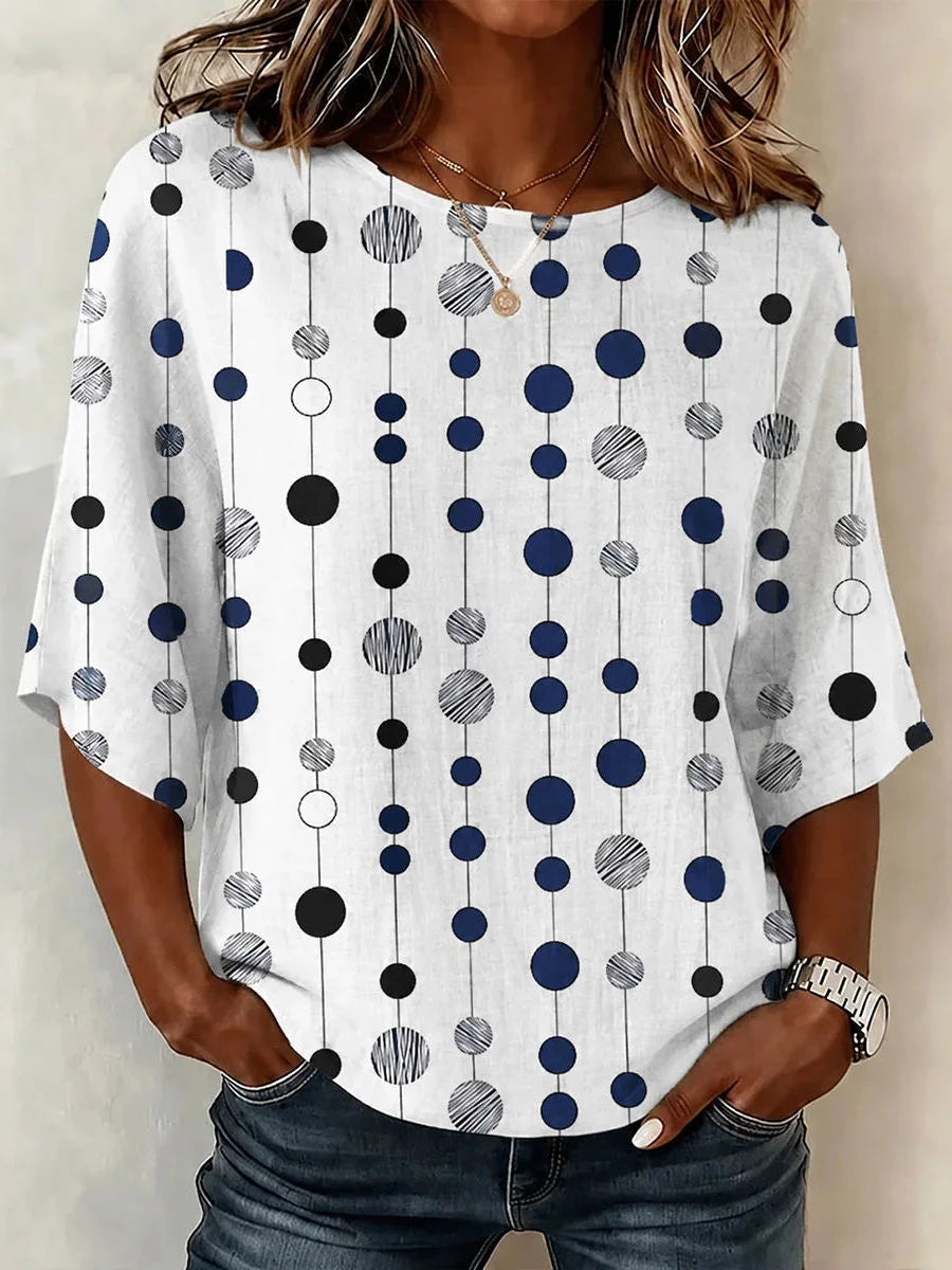 Blue Black Mixed Dot Vertical Line Round Neck Tunic Top