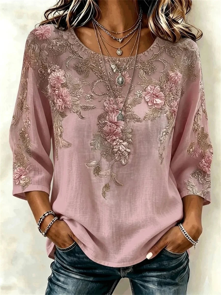 Round Neck 3/4 Sleeve 3D Printing Regular Loose Blouse